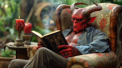 A red devil in a human body reading a book of black magic sitting in a chair with red candles.  - obrazy, fototapety, plakaty