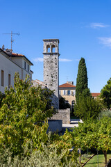 View of bell tower of the Church of St. Francis located in the old town, Porec, Croatia, Istria
