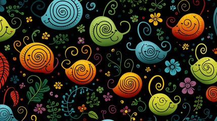 Snails and Flowers Painting on Black Background. Generative AI