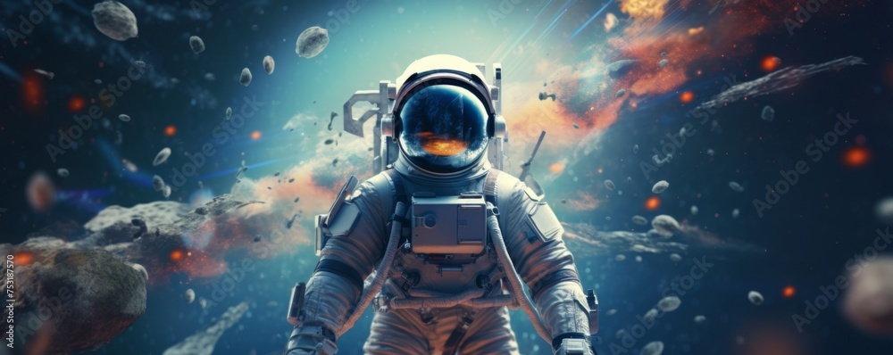 Wall mural astronaut walking in space exploring universe planets and space life, banner. generative ai.