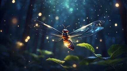 Bee flying at night beautiful seen - obrazy, fototapety, plakaty