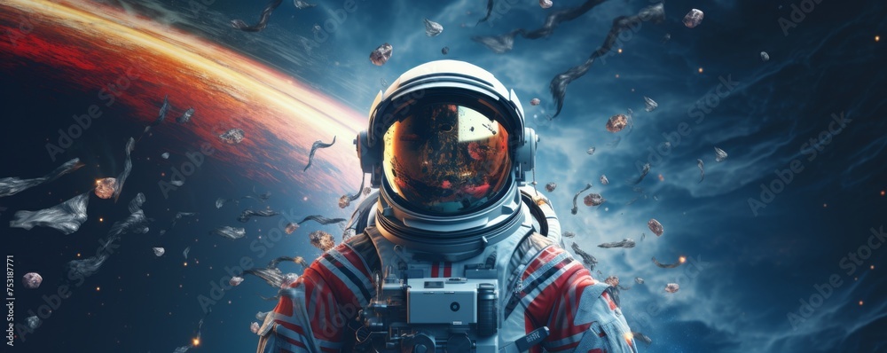 Wall mural astronaut walking in space exploring universe planets and space life, banner. generative ai.