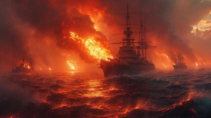 grand sailing ship is engulfed in flames amidst a dramatic battle on the high seas under a fiery sky