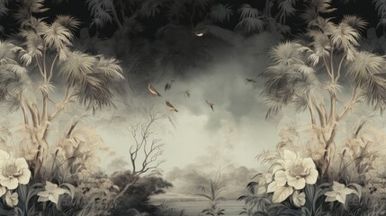 Tropical Exotic Landscape Wallpaper. Dark Gold Color, Hand Drawn Design. Luxury Wall Mural
