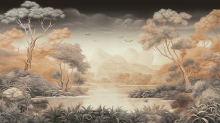 Tropical Exotic Landscape Wallpaper. Dark Gold Color, Hand Drawn Design. Luxury Wall Mural