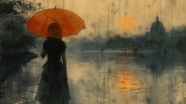 Solitary Figure with Orange Umbrella Overlooking Sunset Cityscape