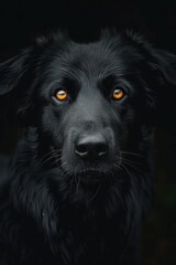 Fototapeta premium A close-up view of a black dog with striking orange eyes looking directly at the camera. The glossy black fur of the dog contrasts with the vivid orange of its eyes, creating a captivating image