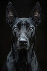 black dog that looks with grey eyes on a black background facing forward