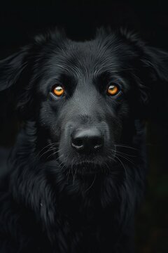 A close-up view of a black dog with striking orange eyes looking directly at the camera. The glossy black fur of the dog contrasts with the vivid orange of its eyes, creating a captivating image