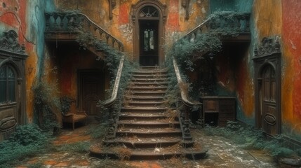 Fototapeta na wymiar Eerie Abandon: Overgrown Grand Staircase in a Derelict Mansion