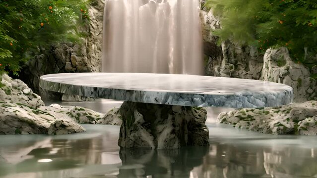 Opal Stone Product Display with Enchanting Waterfall Background for Luxurious Visuals