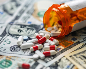 pill bottle spilling medicine on money generated by ai