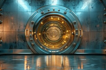  a close-up view of the heavy-duty circle-shaped door of a bank vault, with its solid metal construction and intricate locking mechanism conveying the formidable security of the enclosure