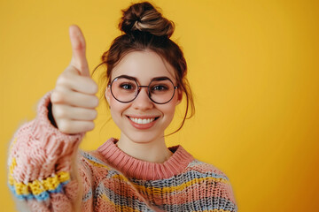Cheerful young woman in glasses giving thumbs up against a vivid yellow background, embodying positivity and confidence.