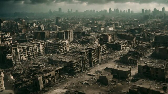 view of the destroyed town, destroyed city, destroyed building, collapsed city