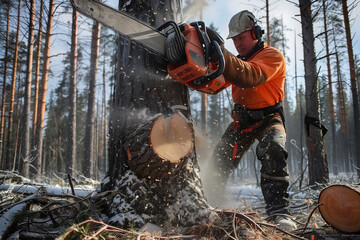 A man is cutting wood in the forest with a chainsaw
