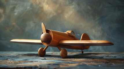 Classic wooden toy airplane on a rustic surface, beautifully lit to showcase its smooth curves and...