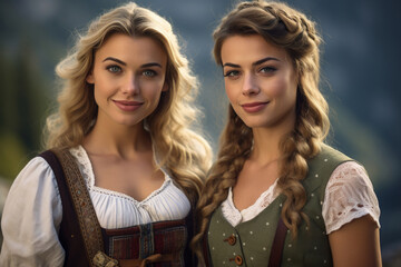 Fototapeta premium Two female Bavarians in Dirndl attire celebrate the Oktoberfest beer festival.