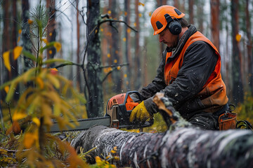 Woodcutter is cutting wood in the forest with a chainsaw - obrazy, fototapety, plakaty