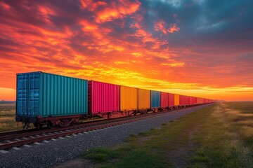 Fototapeta premium Wagon of freight train with containers on the sky background