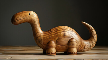 Smiling wooden dinosaur toy with intricate grain patterns, presented on a simple background for a...