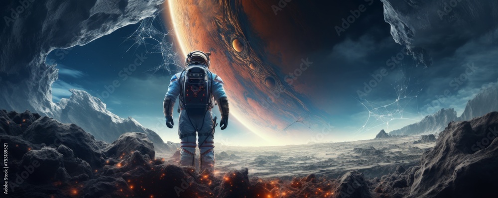 Wall mural astronaut walking in space exploring universe planets and space life, banner. generative ai.