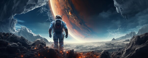 Astronaut walking in space exploring universe planets and space life, banner. Generative Ai. - obrazy, fototapety, plakaty