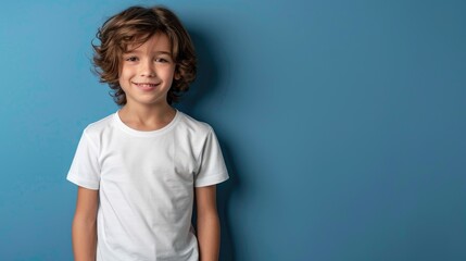 male child boy wearing bella canvas white shirt mockup at blue background design tshirt template print presentation mock up - obrazy, fototapety, plakaty