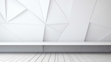White abstract geometric background as stage with crossed lines, corners and polygon shapes as wall, wood table in soft light gradient white color in calm contemporary minimalist urban style 