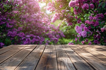 empty wooden table on a blurred background of a garden with blooming lilac roses. a mockup for the display of your product.