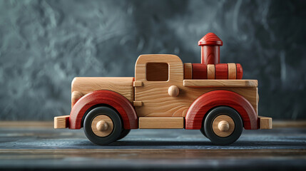 Simple yet classic wooden toy fire truck with natural and red finishes, presented on a dark, moody background. Generative AI