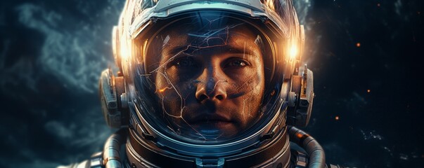 Naklejka premium Portrait of astronaut walking in space exploring universe planets and space life, banner. Generative Ai.