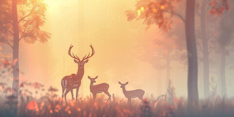 Majestic Deer Family in Misty Forest Dawn Light Banner