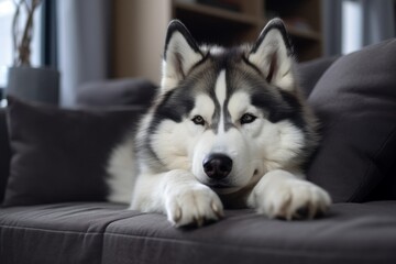 malamute is resting on the couch at home. a breed of dog with long hair.