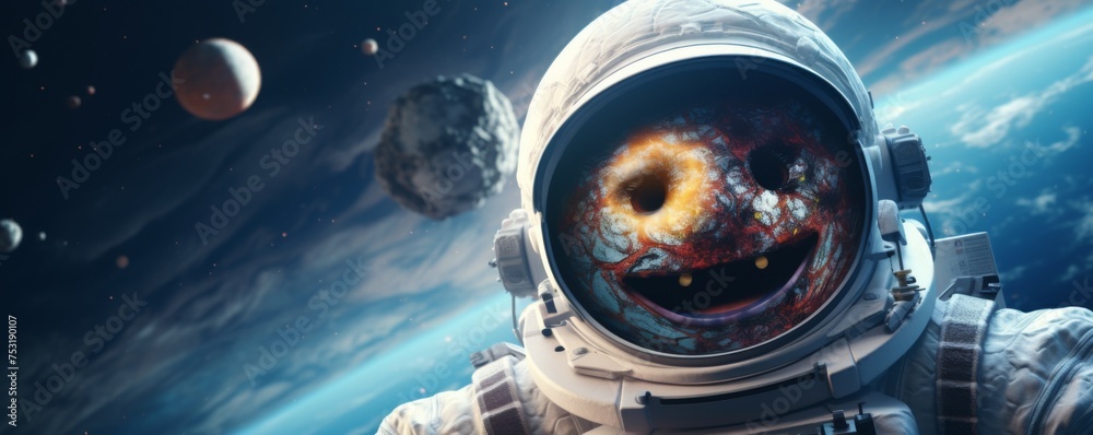 Wall mural astronaut walking in space exploring universe planets and space life, banner. generative ai.