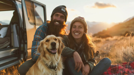 Couple going camping with pet travel by van with beautiful sunset .