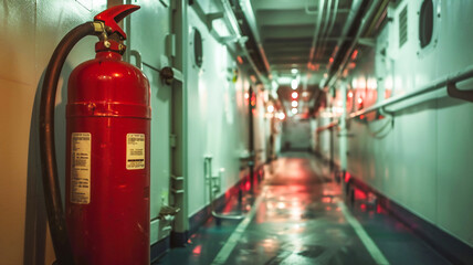 fire extinguisher in corridor of cargo ship engine room .