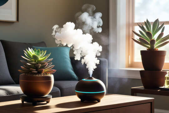 An aroma lamp with a diffuser and oils at home where there are many green indoor plants.