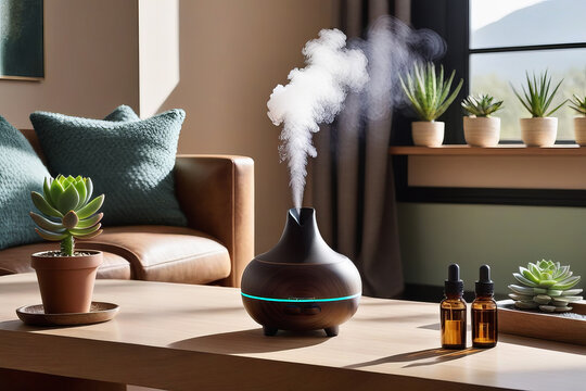 An aroma lamp with a diffuser and oils at home where there are many green indoor plants.