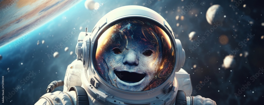 Wall mural astronaut walking in space exploring universe planets and space life, banner. generative ai.