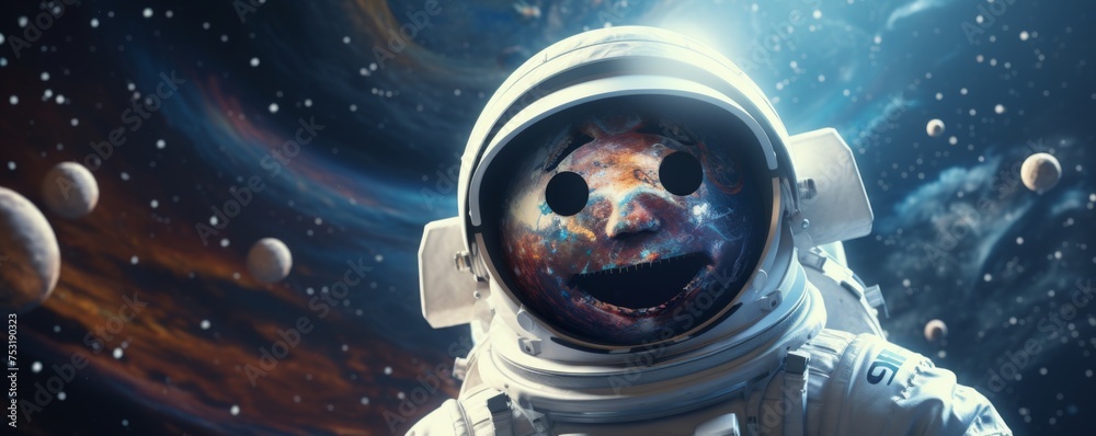 Wall mural astronaut walking in space exploring universe planets and space life, banner. generative ai.