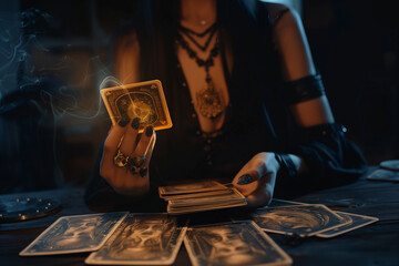 woman tarot fortune teller in a fortune telling consultation in dark clothes and black nails