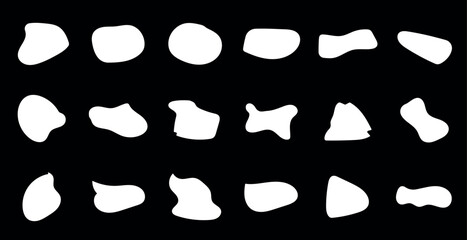Abstract fluid blob shapes vector set. Collection forms for design and paint liquid white blotch shape on a black background.