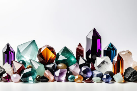 Different natural crystals and gemstones with copy space in frame. Working with minerals, isoteric practices.