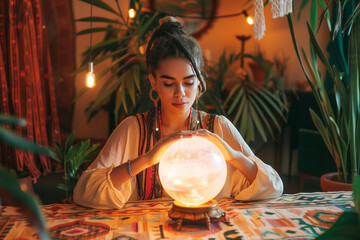 Fortune-teller woman is predicting with a shining crystal ball - obrazy, fototapety, plakaty