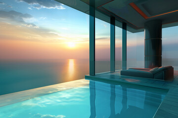 Fototapeta na wymiar Terrace with a pool and beautiful view on ocean