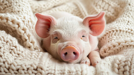 Adorable pink pig on a blanket