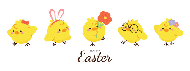 Happy Easter doodle hand drawn background vector. Cute Chick wallpaper of with yellow chicks in different pose, flower, easter element. Chicken illustration for clipart, sticker, card.