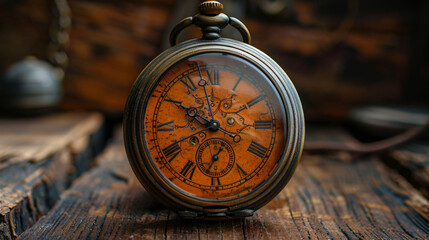 Exquisite open-faced wooden pocket watch toy revealing intricate gears, set against a vintage workshop backdrop. Generative AI
