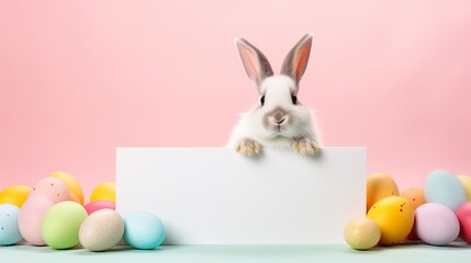 Easter bunny holding Empty white board mockup on pastel pink background with colorful eggs